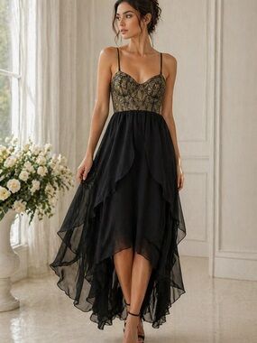 Material Girl Lace Bustier Dress Black Gold High Low Chiffon Party Dress M